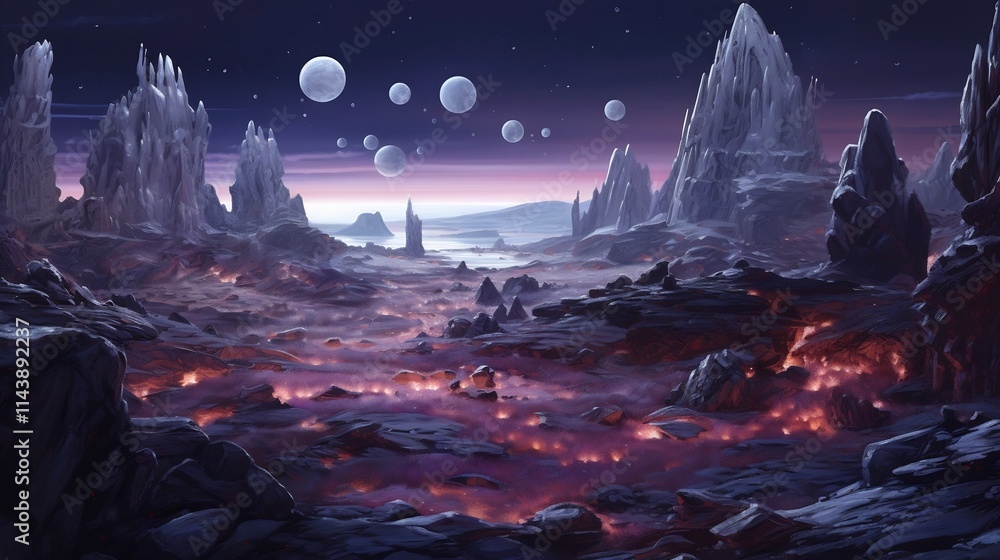 Poster mesmerizing alien landscape filled with peculiar rock formations and levitating crystal structures c