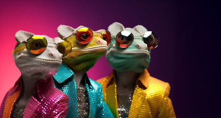 Creative animal concept. Group gang of chameleon lizard in sparkly rock punk neon bright colour outfit, copy text space. commercial, editorial advertisement party invitation invite	
