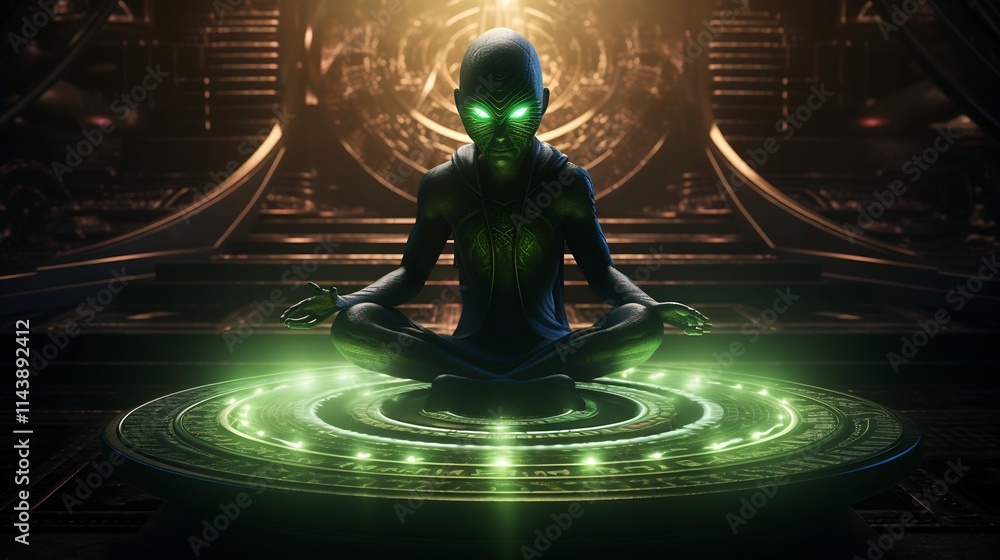 Poster alien figure with glowing symbols etched into its skin meditating in a state of deep contemplation o