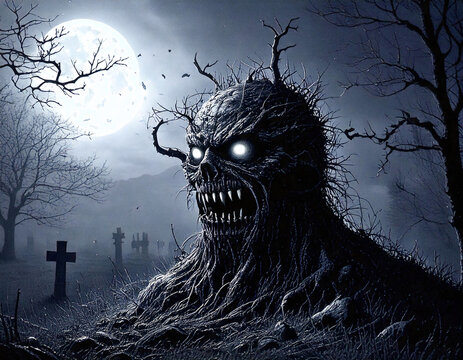A cemetery where monstrous head emerges from the ground
