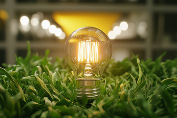 LED Light Bulb on Fresh Grass Symbolizing Green Energy with Yellow Background