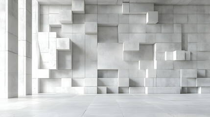 Abstract Cubic Concrete Wall Background, Modern Architectural Design with Textured Blocks in a Spacious Room