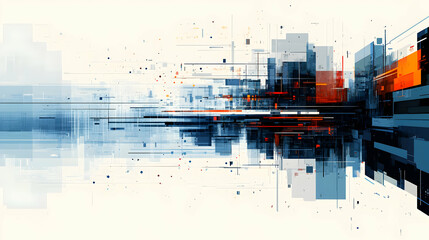 Obraz premium Abstract Geometric Composition, Digital Cityscape with Intersecting Lines and Vibrant Hues