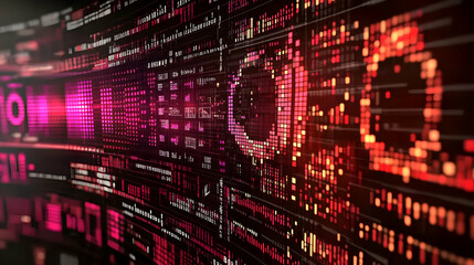 Fototapeta premium Abstract Digital Data Stream, Pink and Red Pixelated Code Flows Dynamically Across a Dark Background