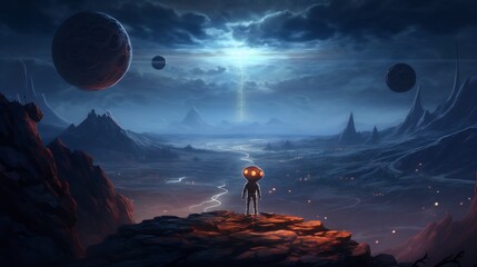 Mysterious alien figure with glowing eyes stands on a rocky cliff overlooking the breathtaking vista of a towering ethereal gas giant planet against the backdrop of a vast cosmic landscape