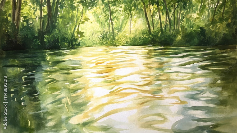 Poster Sunlight illuminating reflections on a tranquil water surface in a lush forest setting