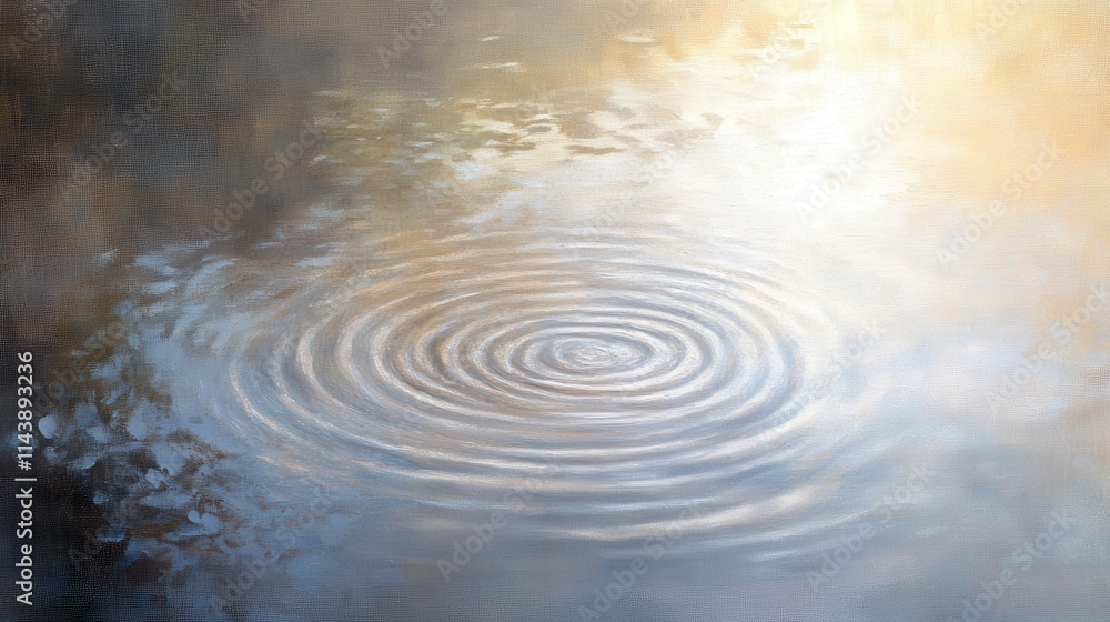 Poster softly illuminated water surface with gentle circular ripples at dawn in a tranquil natural setting