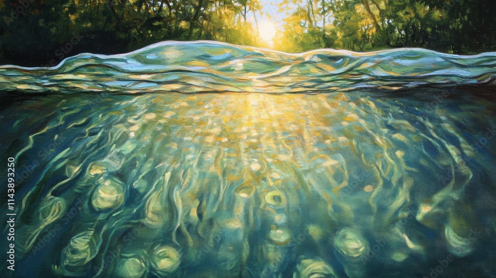 Poster sunlight streaming through water surface creating mesmerizing reflections in calm river