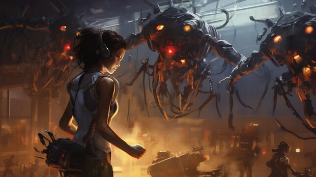 A cybernetically enhanced alien with advanced implants controlling a swarm of drones soaring over an industrial cityscape showcasing the fusion of technology and extraterrestrial intelligence