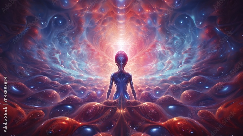 Poster a surreal alien figure with amorphous transformative shapes surrounded by captivating iridescent ene