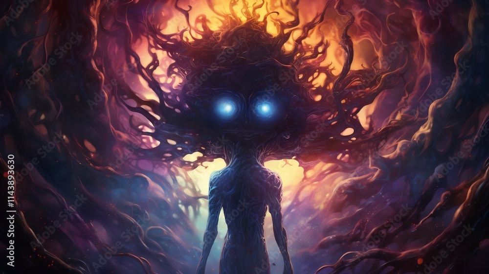 Poster surreal alien figure with amorphous morphing shapes surrounded by shimmering glowing energy fields i
