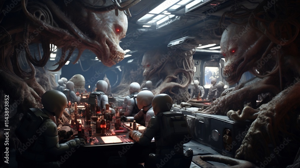 Poster a cosmic scene depicting multiple alien species interacting and coexisting in a futuristic technolog