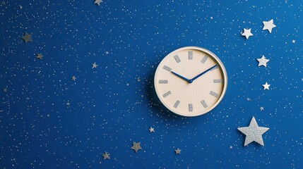 White clock with blue hands on a blue starry background.