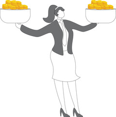 Businesswoman lifting up gold coins inside scales, business concept illustration