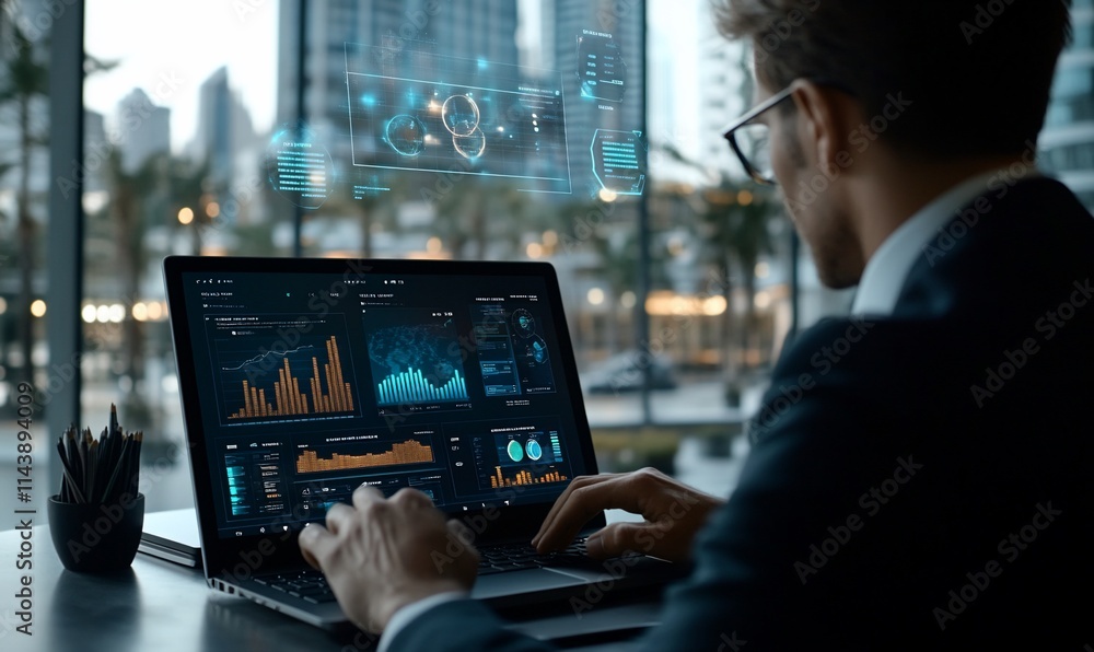 Poster professional analyzing data on a laptop with digital graphics overlay.