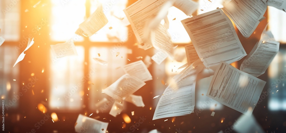 Poster papers flying in a sunlit room, creating a dynamic and chaotic atmosphere.