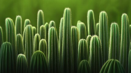 Lush green cacti of varying heights against a blurred green background.