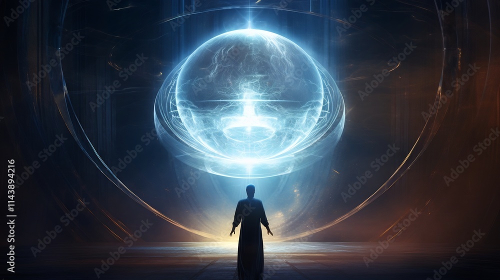 Poster mystical alien summoning ethereal energy from the core of a floating celestial sphere surreal futuri