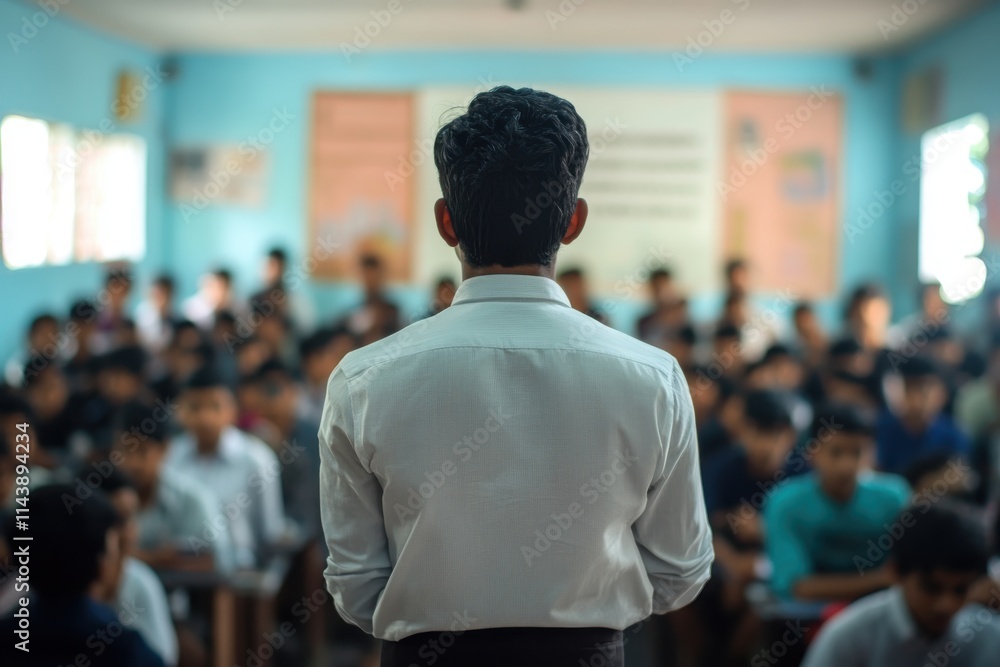 Poster indian students practicing public speaking in a classroom, building confidence and communication ski