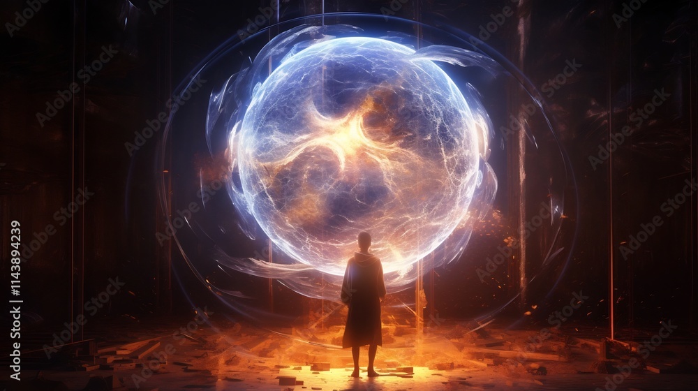 Poster mystical alien figure summoning captivating energy from the glowing core of a luminous floating cosm