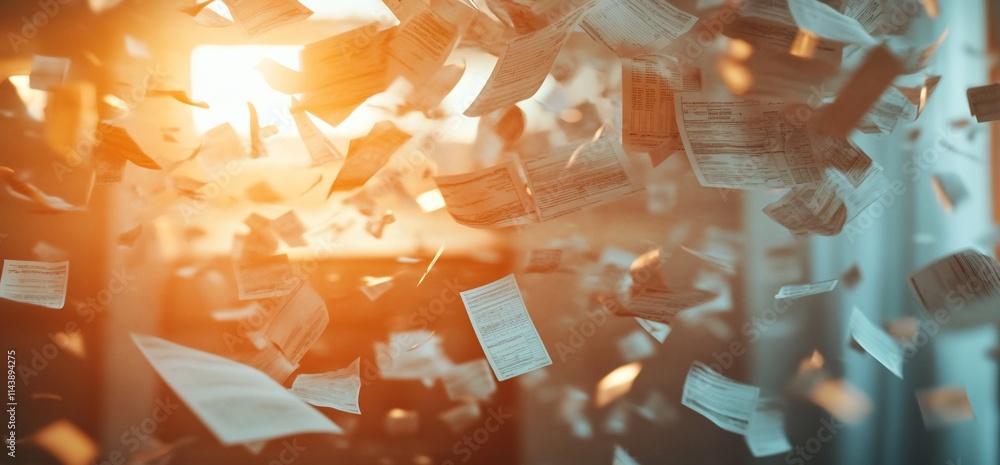 Poster papers flying in a sunlit space, creating a dynamic and chaotic atmosphere.