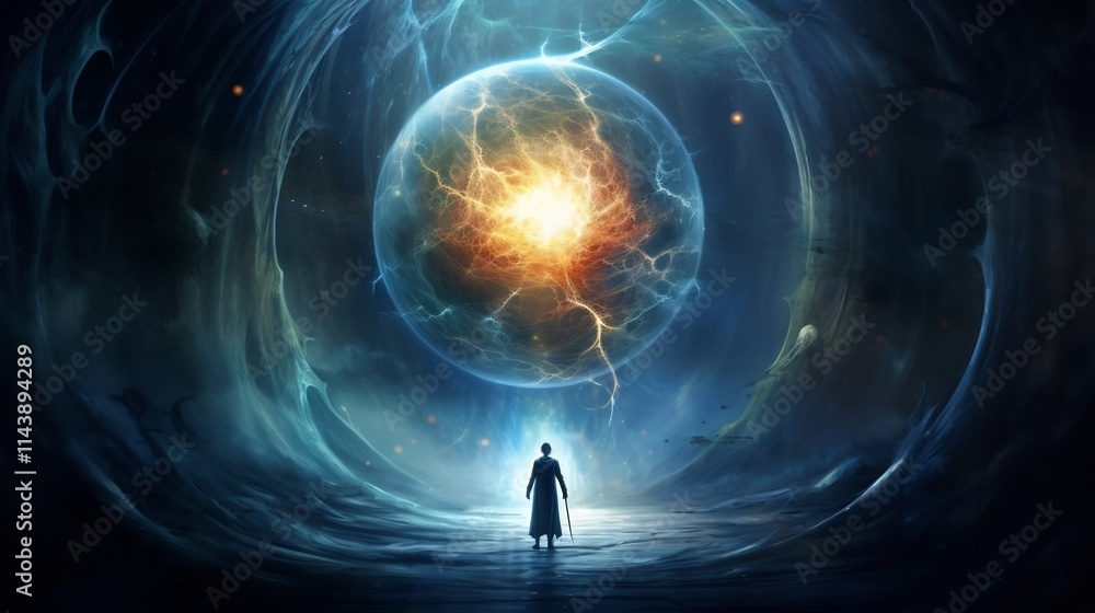 Poster mystical alien summoning ethereal energy from the core of a floating celestial orb in a surreal othe