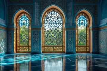 Obraz premium Islamic majestic Moorish arched window design greeting card background 