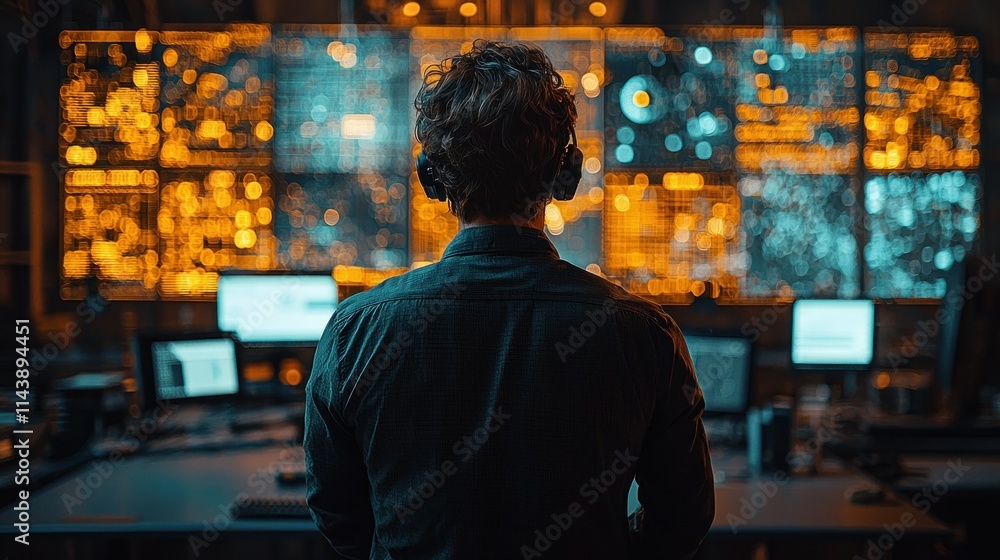 Aufkleber person monitoring data on screens in a tech environment.