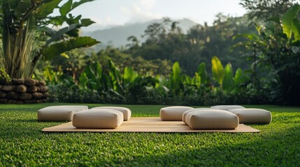 Serene outdoor meditation space with cushions on grass.