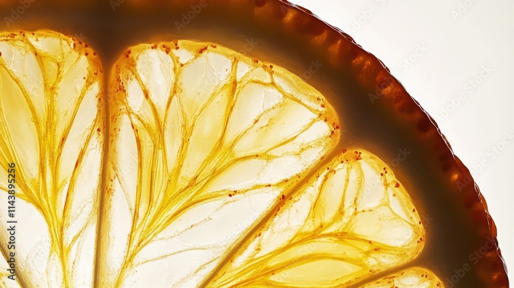 Poster Sliced orange with intricate patterns revealing juicy segments and vibrant color against a simple background