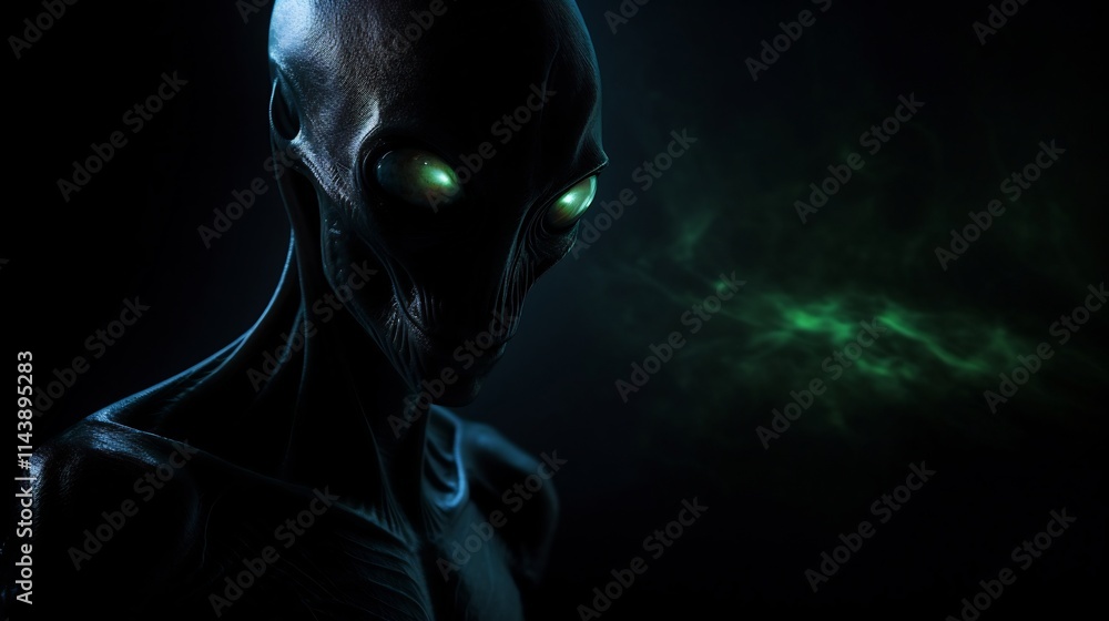 Poster futuristic and surreal image depicting an alien lifeform with skin revealing its internal glowing an