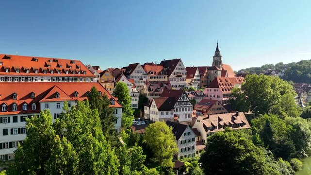 Aerial footage of close ascent over the old town of the city of T&uuml;bingen in South Germany