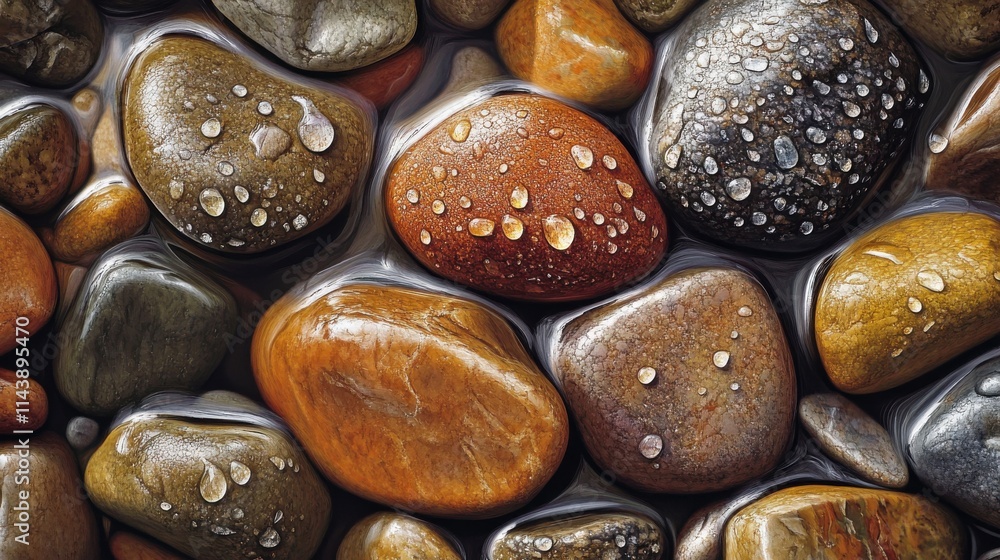 Poster close-up view of wet river stones with droplets reflecting light in a serene water setting