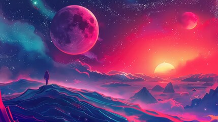 Vibrant Alien Landscape Sunset, Planets, Mountains, and Lone Figure