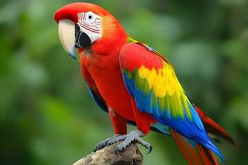 Fototapeta premium Vibrant Scarlet Macaw Perched on Branch, Tropical Bird with Red, Yellow, Blue, and Green Feathers, Vivid Colors, Detailed Plumage