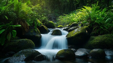 Naklejka premium Serene Natural Landscape Featuring a Tranquil Stream Cascading Over Smooth Stones Surrounded by Lush Green Foliage in a Forest Setting