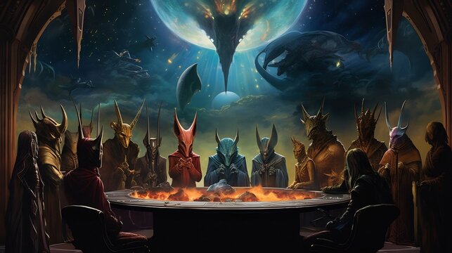Depiction of a Galactic Council with Representatives of Various Alien Civilizations Deliberating and Making Decisions in a Spacious Technologically Advanced Chamber
