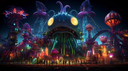 Vibrant and surreal alien carnival scene featuring bizarre neon lit rides glowing futuristic a psychedelic digital and experimental atmosphere