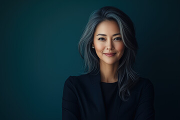 Fototapeta premium Asian woman in a dark blue suit, with long gray hair and a happy smile, isolated against a deep teal background. Corporate photography.