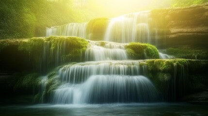 Serene Flowing Waterfalls Cascading Over Mossy Rocks in a Lush Green Forest with Peaceful Morning Light Illuminating the Scene for a Tranquil Nature Experience