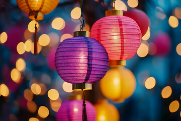 Fototapeta premium Vibrant Paper Lanterns Illuminate Festive Night; Glowing Lights Adorn Colorful Decor Outdoors