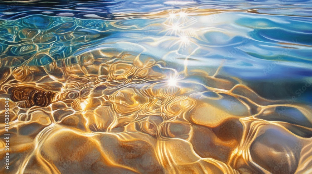 Poster macro view of sparkling sand grains beneath shallow water revealing intricate patterns and textures 