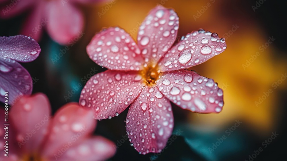 Poster macro shot capturing raindrops on vibrant spring flowers amidst a blurred colorful background