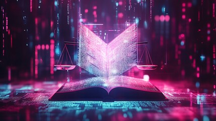 Glowing digital book with scales of justice.