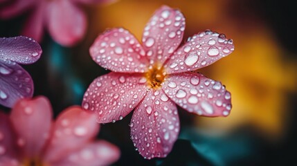 Macro shot capturing raindrops on vibrant spring flowers amidst a blurred colorful background