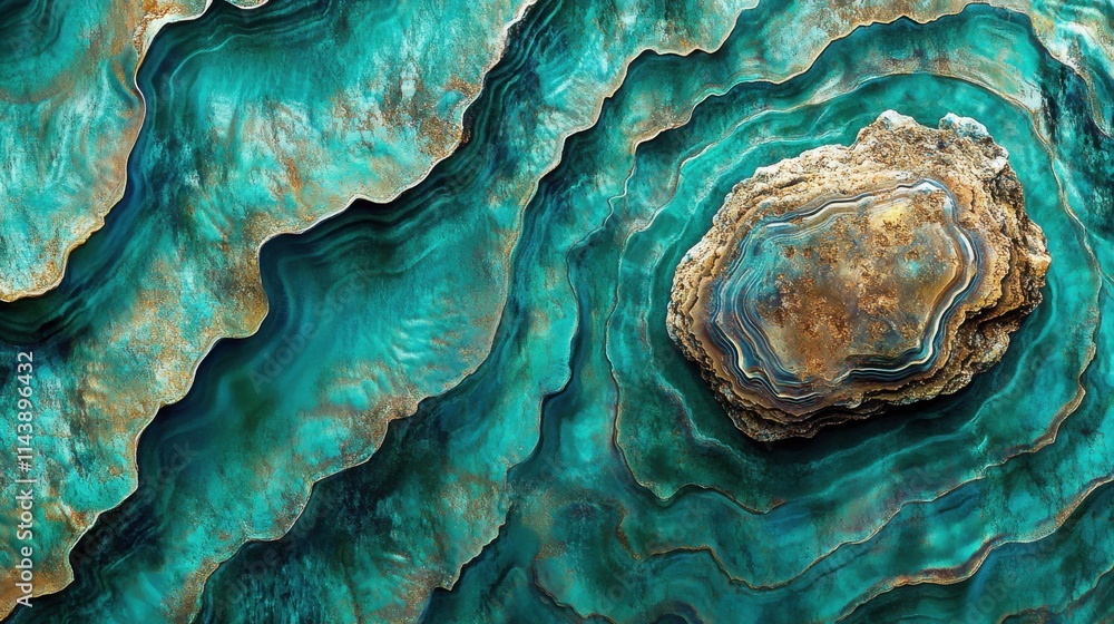Poster ripples forming in turquoise water around a natural stone at midday, capturing intricate patterns an