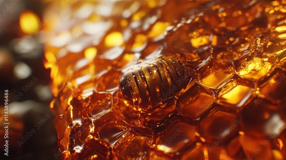 Poster macro shot reveals intricate honeycomb structure filled with glistening golden honey captured in nat