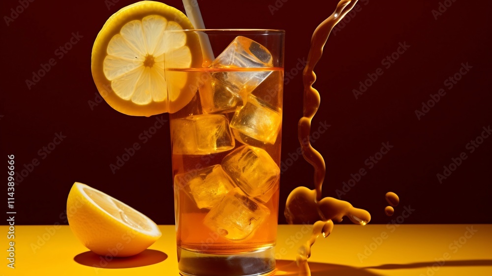 Poster closeup of a transparent glass filled with iced tea stirred by a sugar stick and garnished with fres