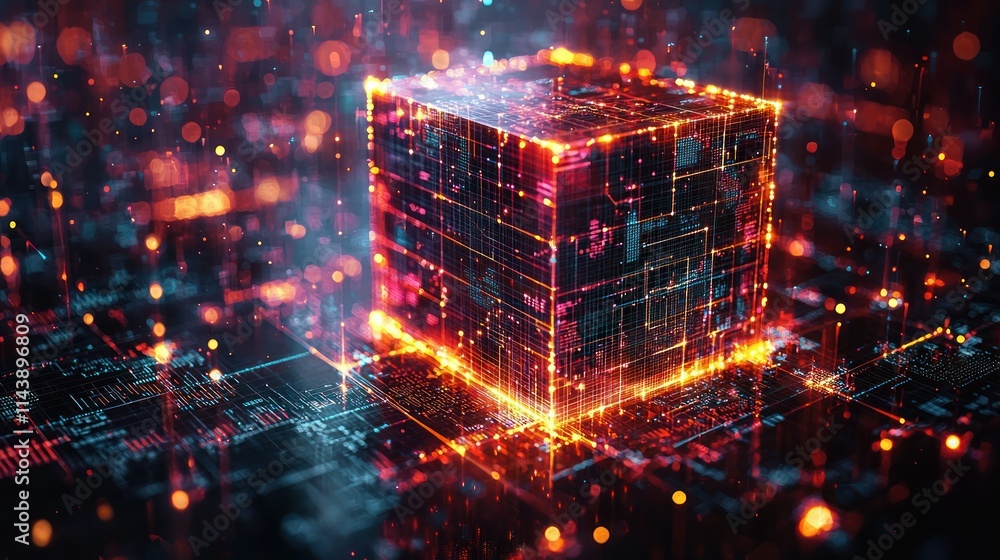 Poster 3d glowing cube surrounded by digital data streams.