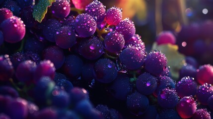 Close-up view of grape clusters glistening with dew drops in morning light on a vineyard